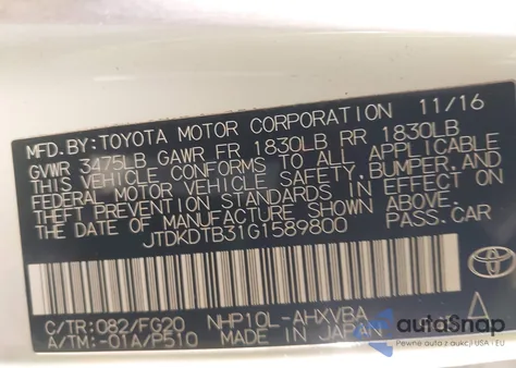 2016 Toyota Prius C Two from USA, damaged, VIN JTDKDTB31G1589800